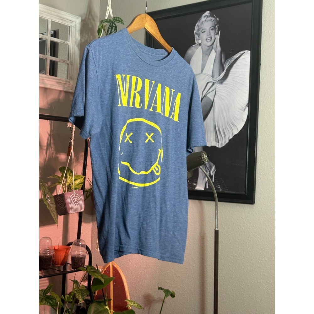 Nirvana Smiley Face Logo Graphic T-Shirt Blue Mens‎ Music Band Tee